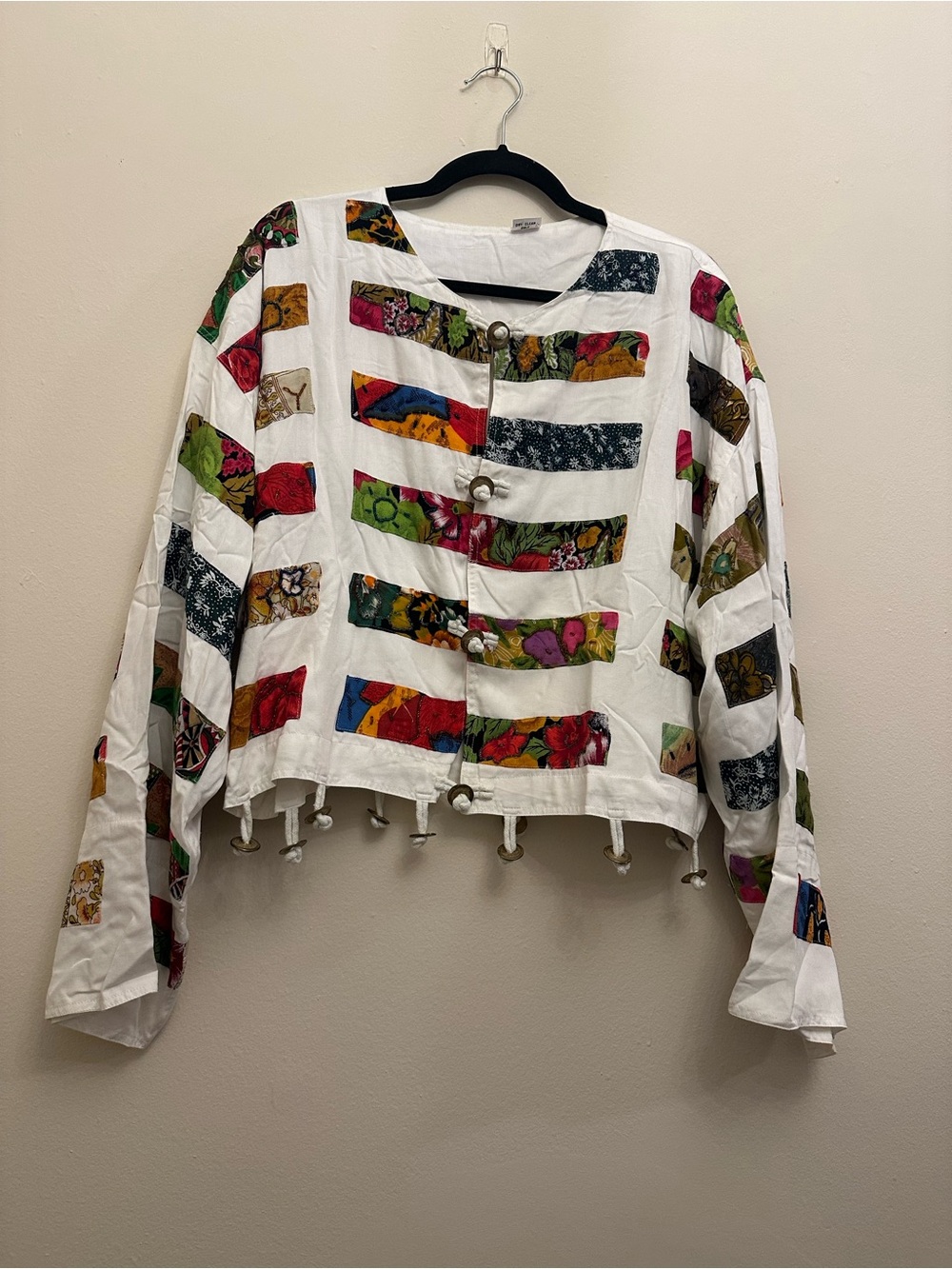 Vintage 90s Patchwork Coin Fringe Jacket Rayon Art To Wear Boho Indonesia Unique